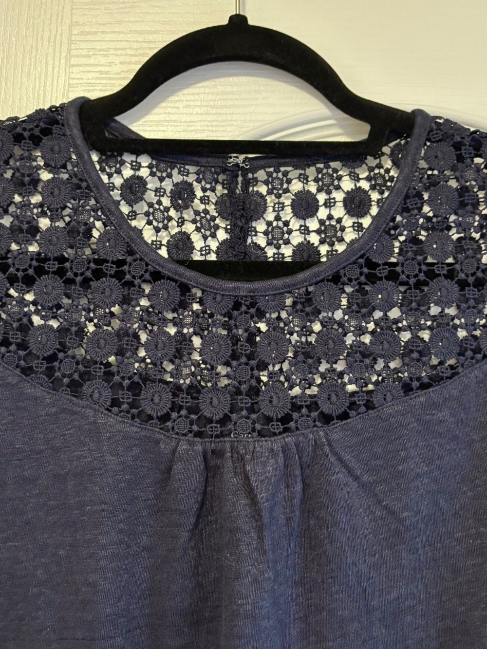 Garnet Hill Large Organic Linen Lace-Yoke Tank in Navy